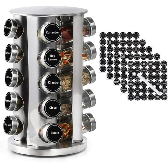 DOUBLE 2 C Revolving Spice Rack with 20 Jars, Rotating Spice Rack , Seasoning with Labels, Stainless Steel Spice Carousel for Kitchen Countertop, Cabinet