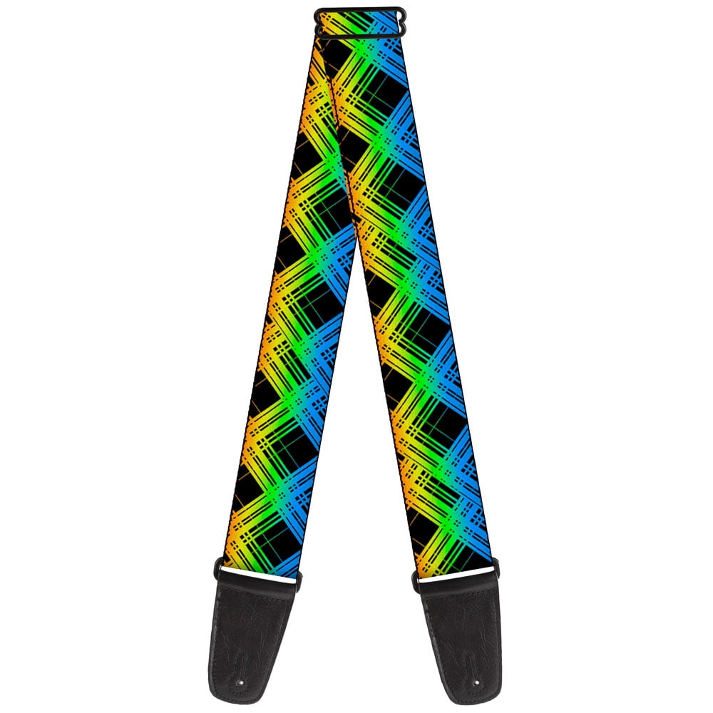 Buckle-Down Guitar Strap, Plaid X Gradient Black Orange Green Blue, 2 Inches Wide