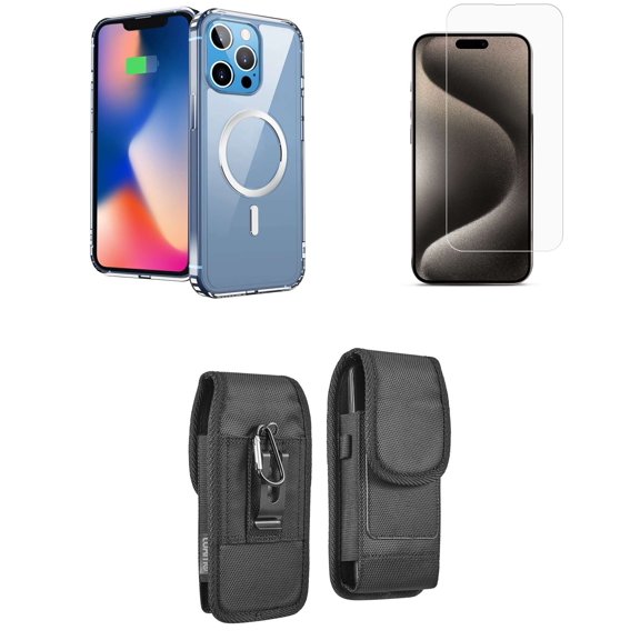 Bemz Phone Case for iPhone 15 Pro Max with Magnetic Charging Slim Shock Absorbent Silicone Cover, Screen Protector, Vertical Rugged Nylon Belt Holster Clip Pouch [Soft Inner Lining] (Clear)