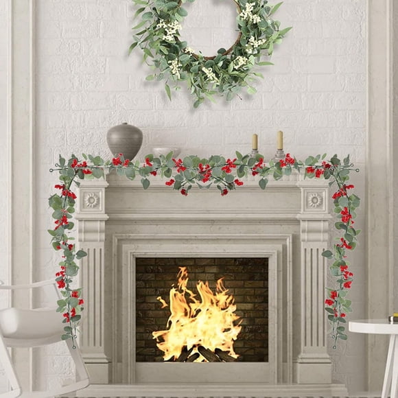 Guirnalda navideña artificial de 2 metros con flores blancas y frutos rojos | Decoración colgante de hojas de eucalipto artificiales para el hogar, la mesa, la pared, la chimenea y la boda.
