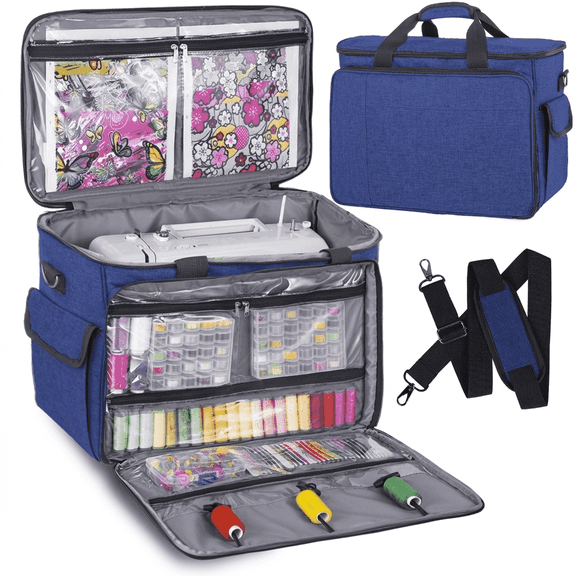 Portable Sewing Machine Carrying Case, Heavy Duty Sewing Machine Tote with Shoulder Strap for Sewing Machines, Blue