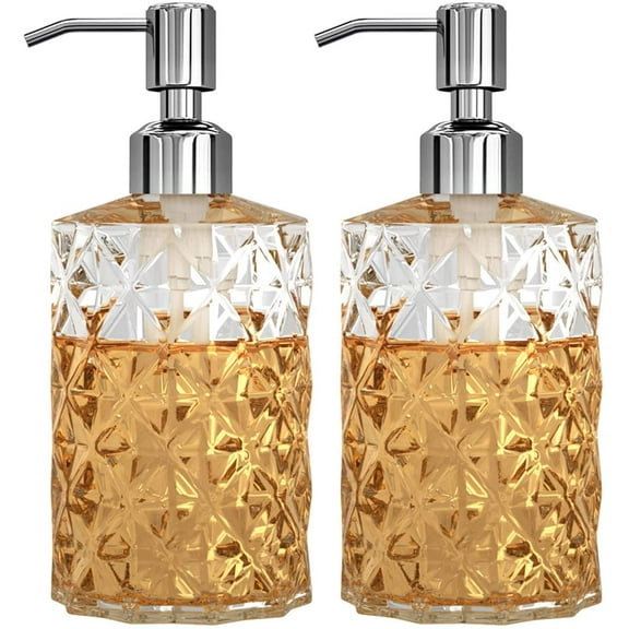 Soap Dispenser - 2 Pack, 12 Oz Clear Diamond Design Glass Refillable Hand Soap Dispensers; with 304 Rust Proof Stainless Steel Pump, Lotion Dispensers for Kitchen, Bathroom