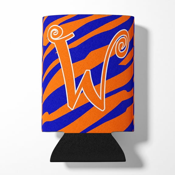 Letter W Initial  Tiger Stripe Blue and Orange Can or Bottle Hugger