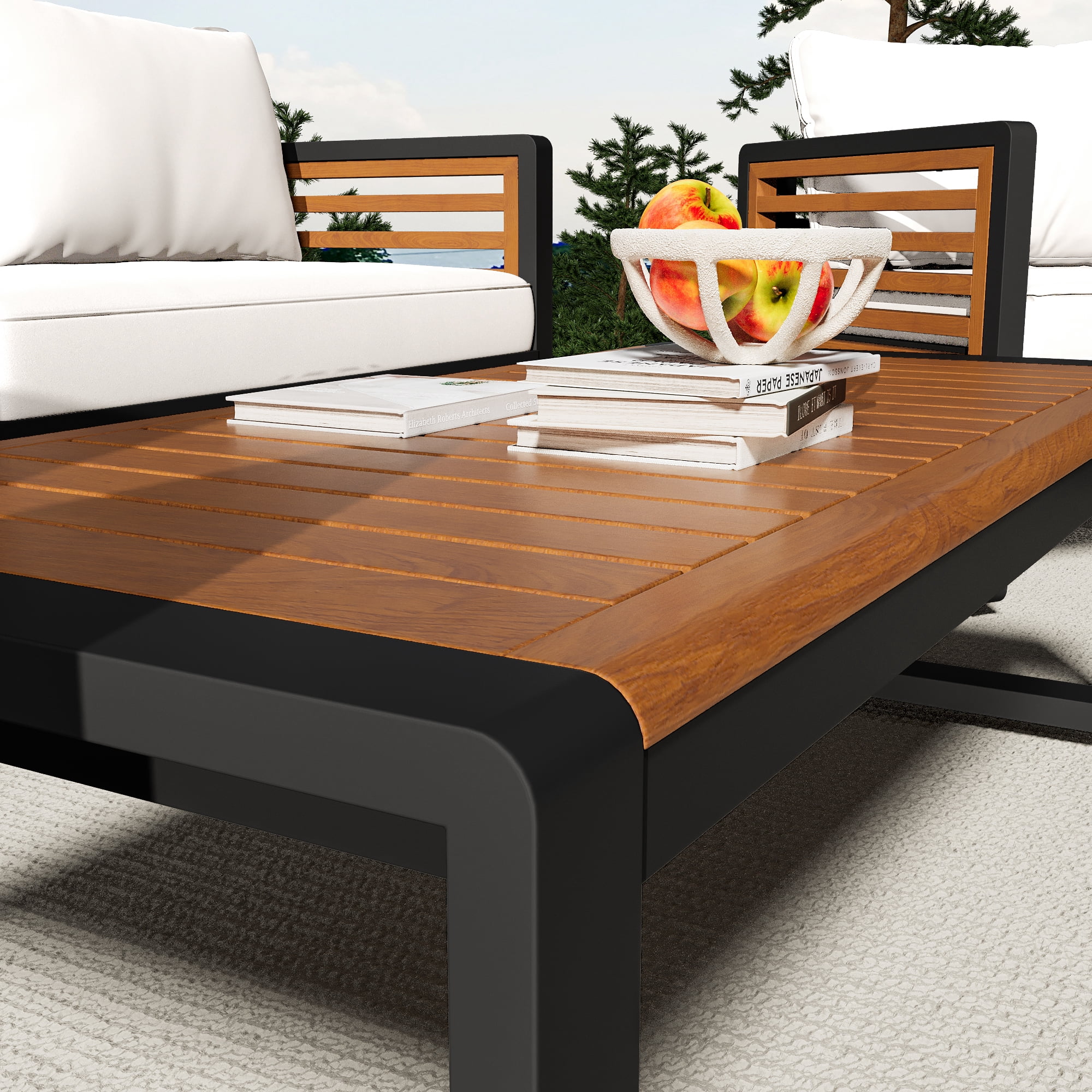 4-Piece Outdoor Furniture Set, Large Metal Patio Conversation Set with Cushion & Acacia Wood Tabletop, Beige