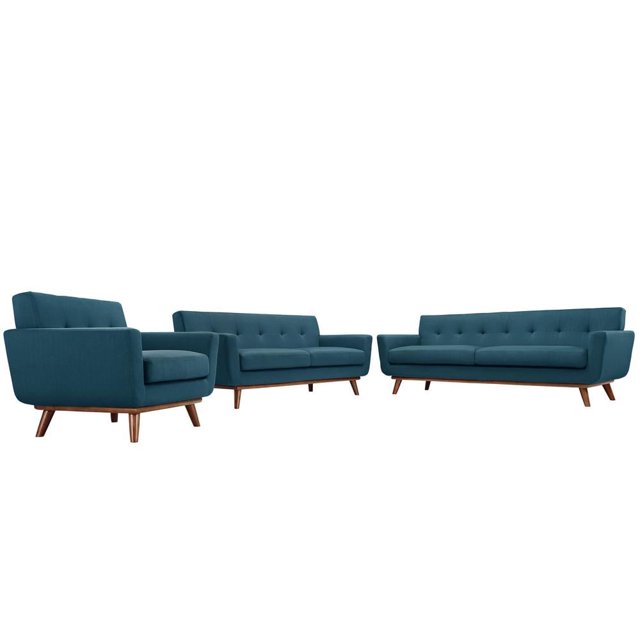 Modway Engage Modern Fabric 3-Piece Sofa Set with Loveseat & Chair in Azure Blue