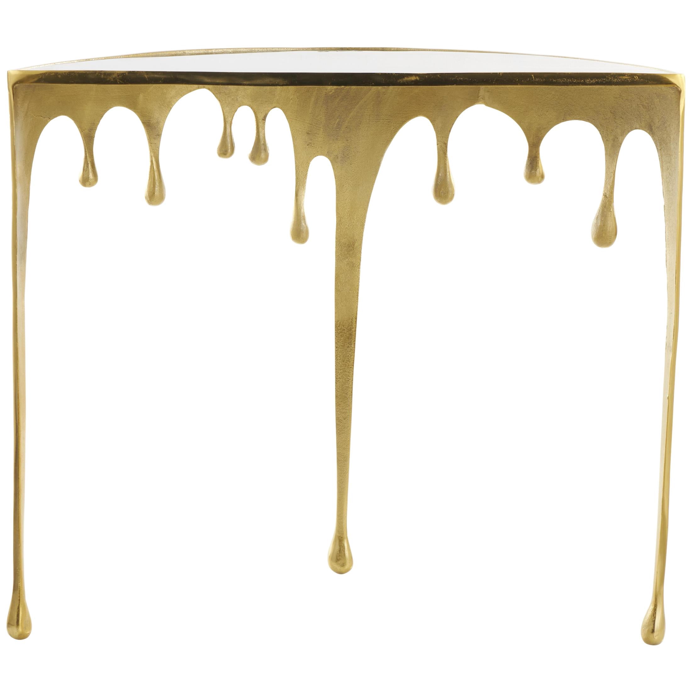 DecMode 36" x 32" Gold Aluminum Metal Half Moon Drip Abstract Console Table with Melting Designed Legs and Black Glass Top, 1-Piece
