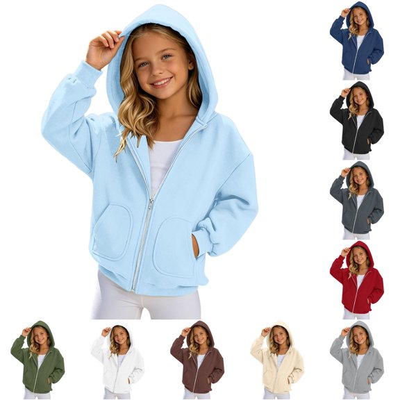 Bigetiay Girls Solid Color Zip Up Hoodie Lightweight Soft Blend Casual Jacket 6-7 Years