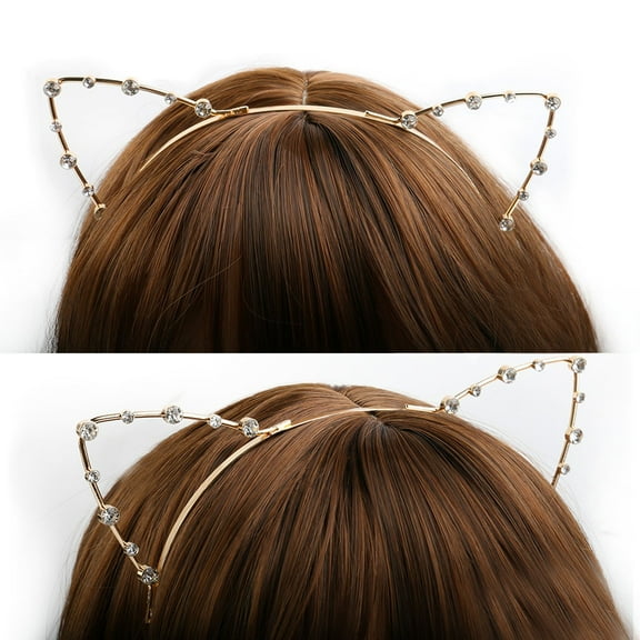 2PCS Sweet Fashion Crystal Rhinestone Metal Headwear Punk Hair Wrap Cat Ear Headband Party (Gold)