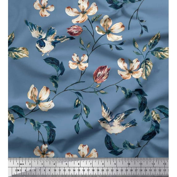 Soimoi Cotton Duck Fabric Robin,Leaves & Wildflower Floral Printed Fabric 1 Yard 56 Inch Wide