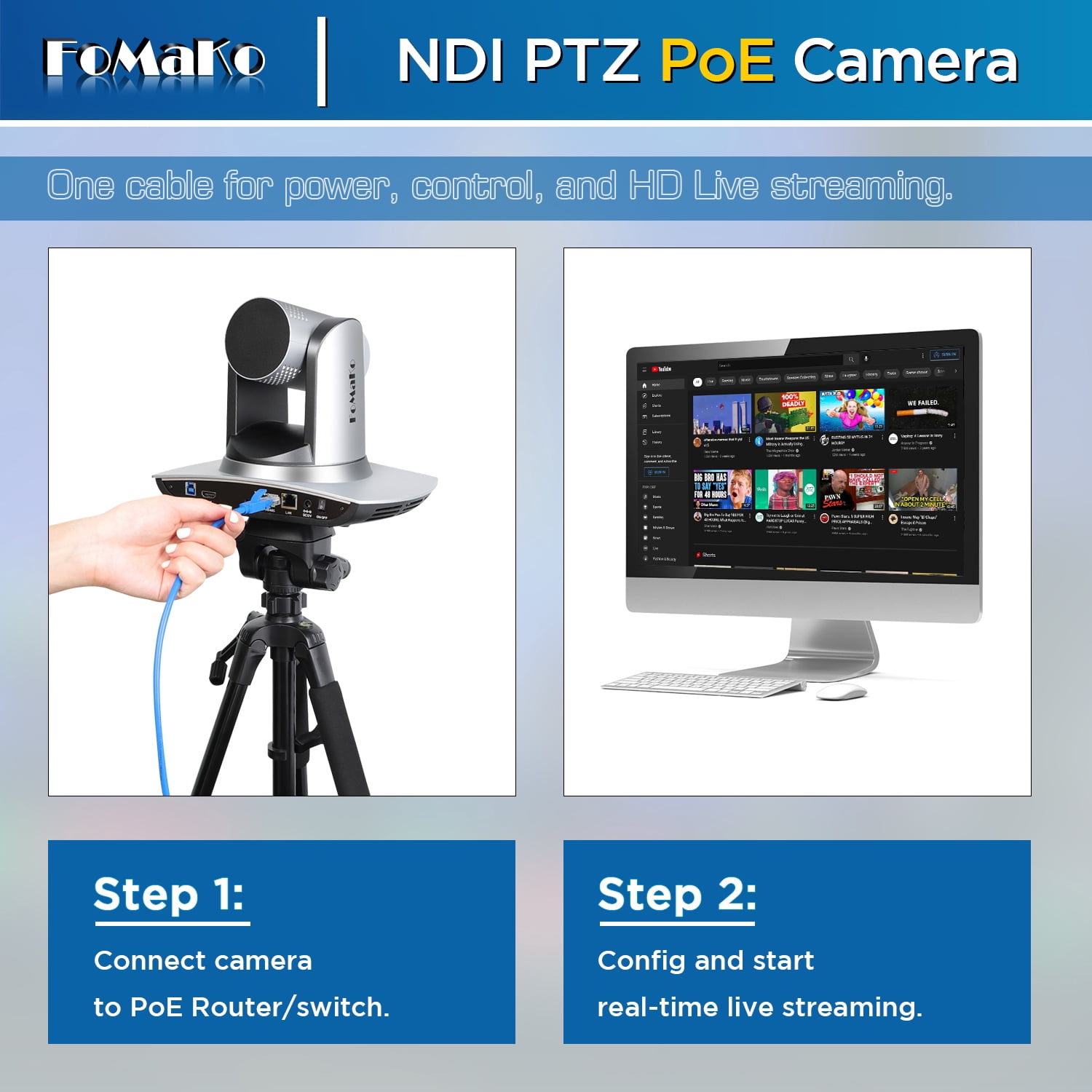 FoMaKo NDI Camera AI Auto Tracking HDMI PTZ Camera 30x Optical Zoom IP USB3.0 HDMI PTZ Camera for Church Services Worship Education, PoE 1080P60 (FMK30UH NDI)