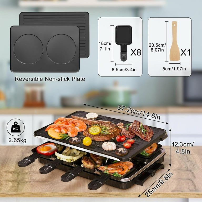 Raclette Table Grill, Removable 2-in-1 Non-Stick Grill Plate