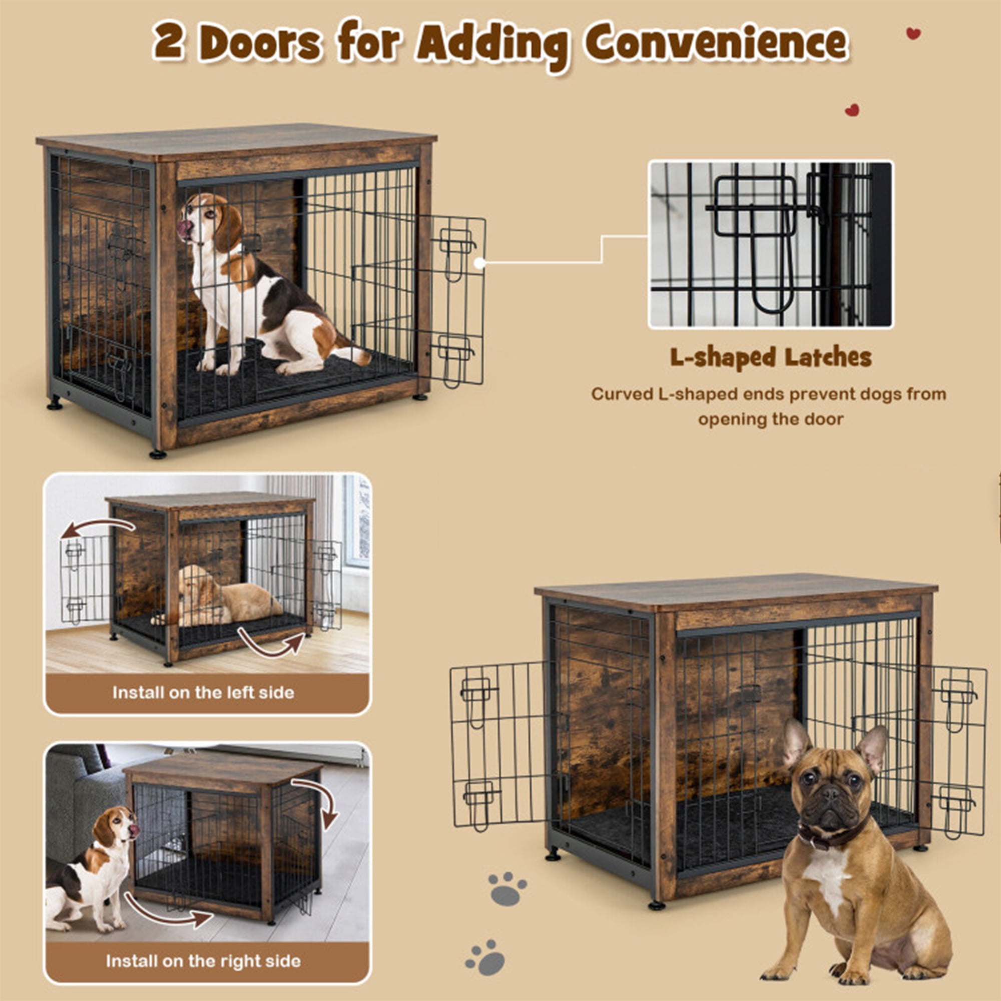 Kadyn 32" Dog Crates for Dogs with Tray and Double Door, Wood Indoor Dog Cages Furniture, Brown