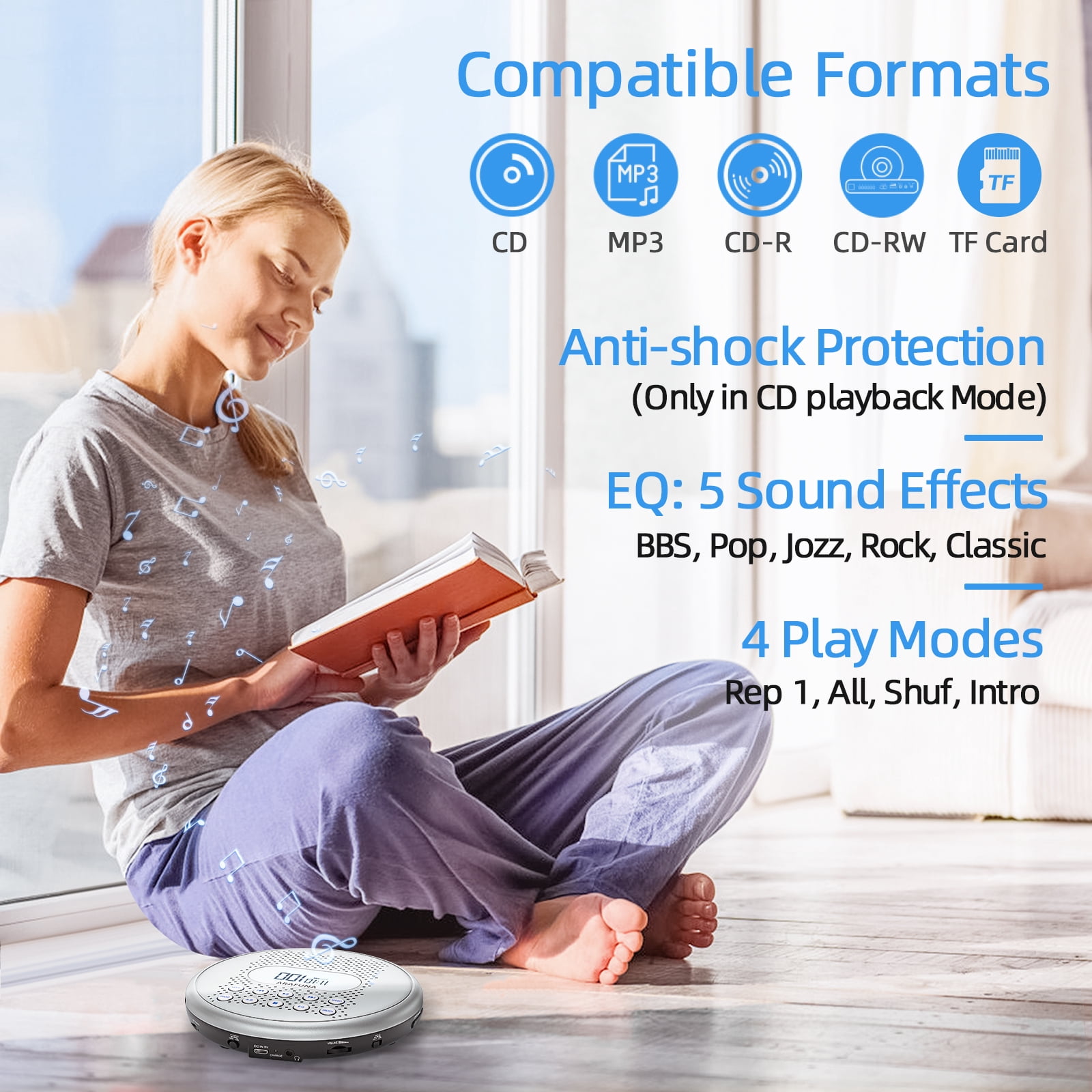 ARAFUNA CD Player Portable, Rechargeable Portable CD Players for Car with Speakers, Anti-Skip Small CD Player with Backlit Button, LCD Display and AUX Cable