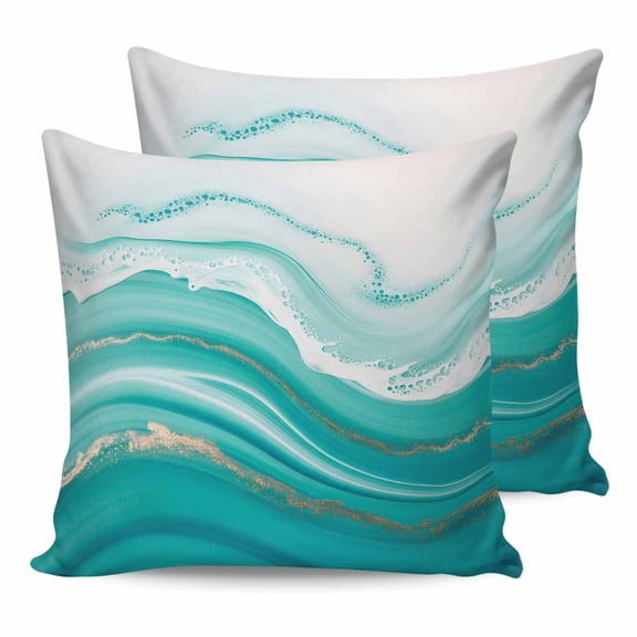 14x14 Pillow Covers Set of 2, Teal Waves Abstract Throw Pillow Covers Decorative Couch Cushion Case, Gradient Fluid Water Ripple Microfiber Square Pillowcases for Bedroom Car Living Room