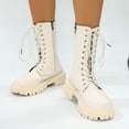thumbnail image 2 of Rokment Fall Winter Platform Mid Calf Combat Boots for Women Fashion Casual Leather Side Zip up Chunky Riding Ankle Booties Black White White Size 6, 2 of 6