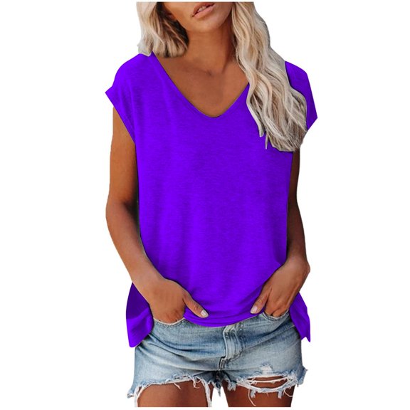 FUYUDY Women's Tshirts Summer Fashion Casual V Neck Low Neckline Ultra Short Sleeved Solid Color Letter Printed Loose T-Shirt Tops Birthday Female Dailywear