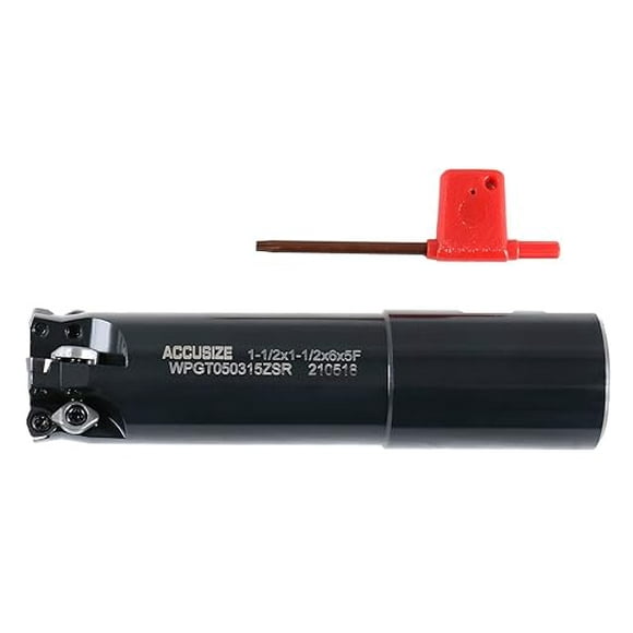 Accusize High Feed End Mill, 1-1/2" Cutting, 1-1/2" Shank, 5 Fl, Carbide Trigon WPGT050315ZSR TiAlN Coated Inserts, 0028-0112