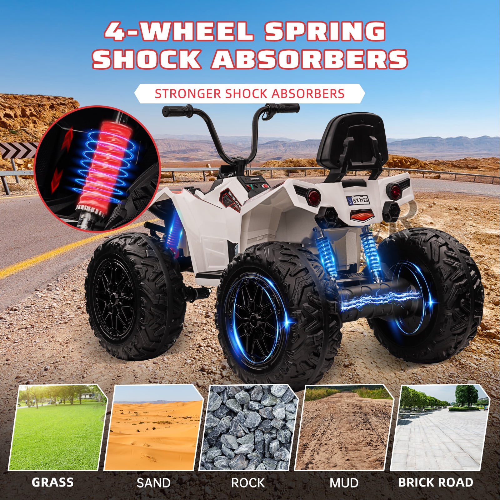 M optimized Kids Ride on ATV, 24V Ride on Car 4WD Electric Vehicle, 4x80W Powerful Engine, with Accelerator Handle, EVA Tire, Metal Suspension, LED Light, Music, for 3-8 Years Boys Girls