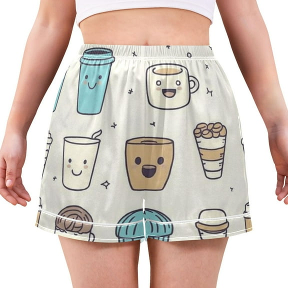 Women's Satin Pajama Shorts Cute Coffee and Desserts Pattern with Pockets, Elastic Waist Sleep Lounge Shorts