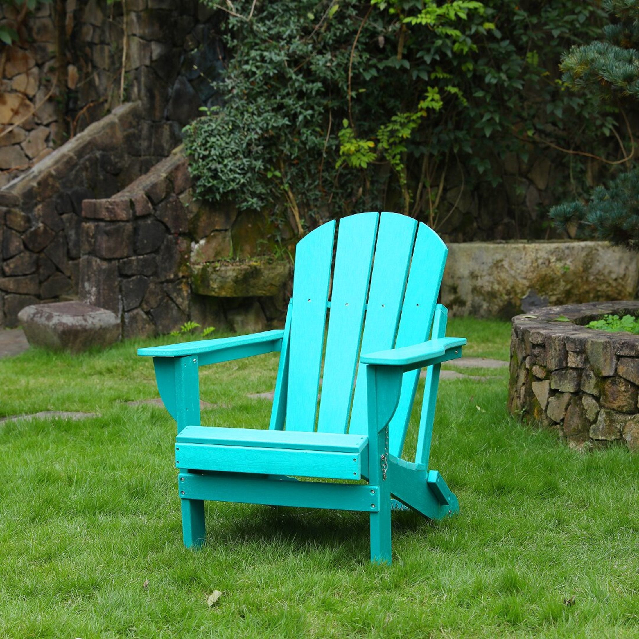 Noble House Folding Outdoor Adirondack Chair with Dual Cup Holders, All-Weather Patio Chair for Backyard, Lake Blue