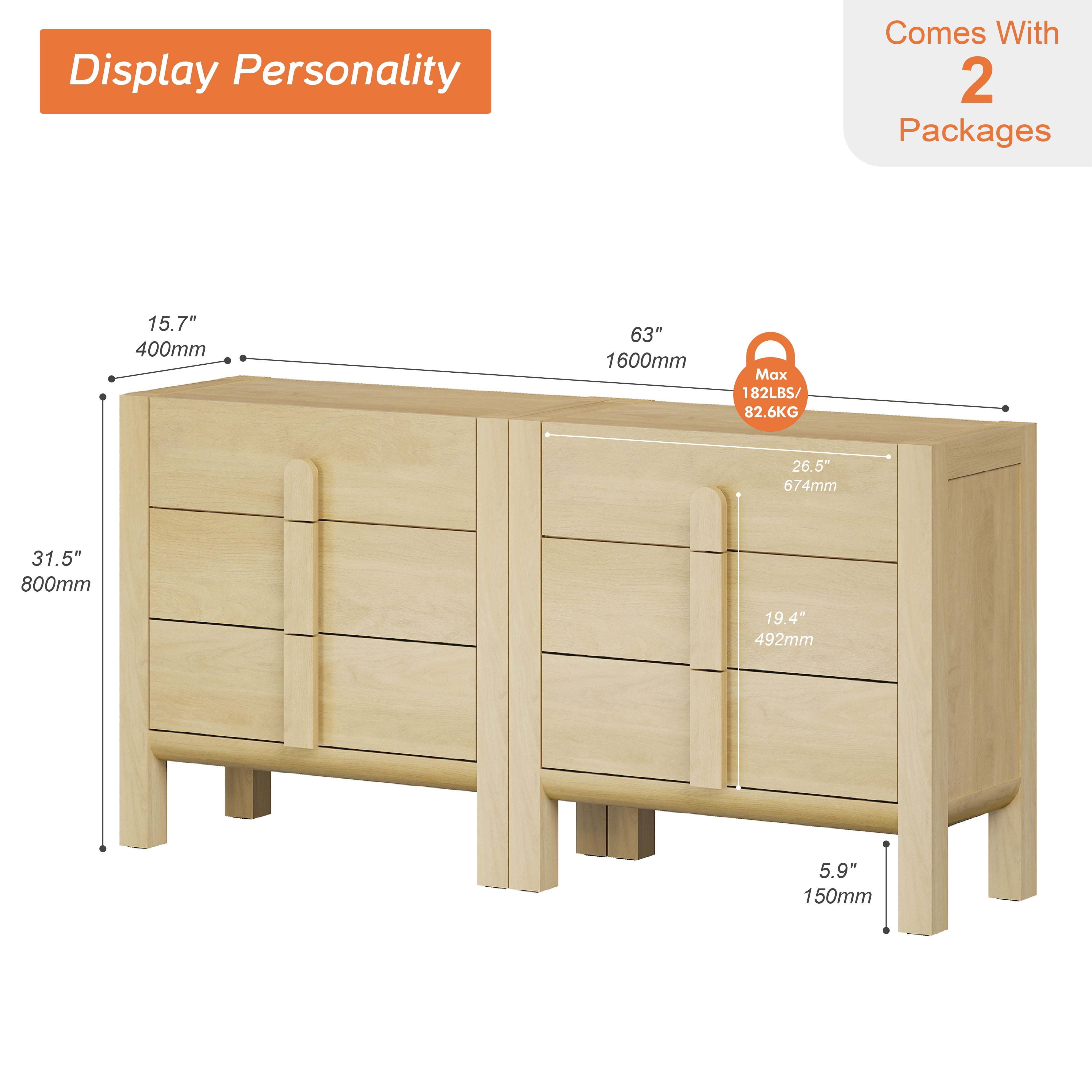 3 Drawer Dresser for Bedroom Set of 2, Mid-Century Modern Chest of Drawers, Wood Storage 6 Drawer Dresser Organizer for Bedroom Living Room Hallway Closet