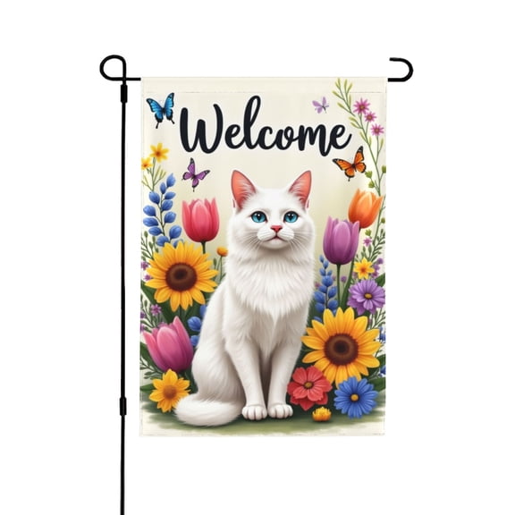 Welcome Spring Summer Garden Flag 12x18 Inch Double Sided White Cat Flowers Butterfly Yard Flag Outdoor House Decor