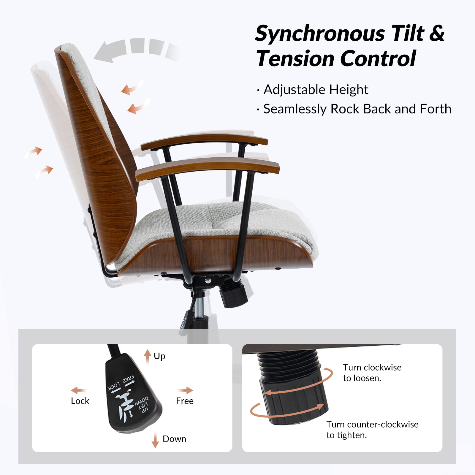 Ergonomic Adjustable Swivel Office Chair with Solid Wood Backrest and Premium Comfort Gray Cushion for Home Workplace
