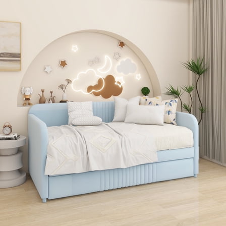 Upholstered Daybed Sofa Bed Twin Size With Trundle Bed and Wood Slat, Light Blue