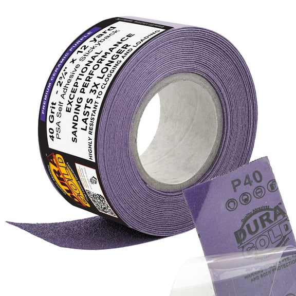 Dura-Gold Premium 40 Grit PSA Purple Film Ceramic Longboard Sandpaper, 2-3/4" Wide Continuous 12 Yard Roll - Self Adhesive Stickyback for Auto & Wood Air File Long Board Sanders