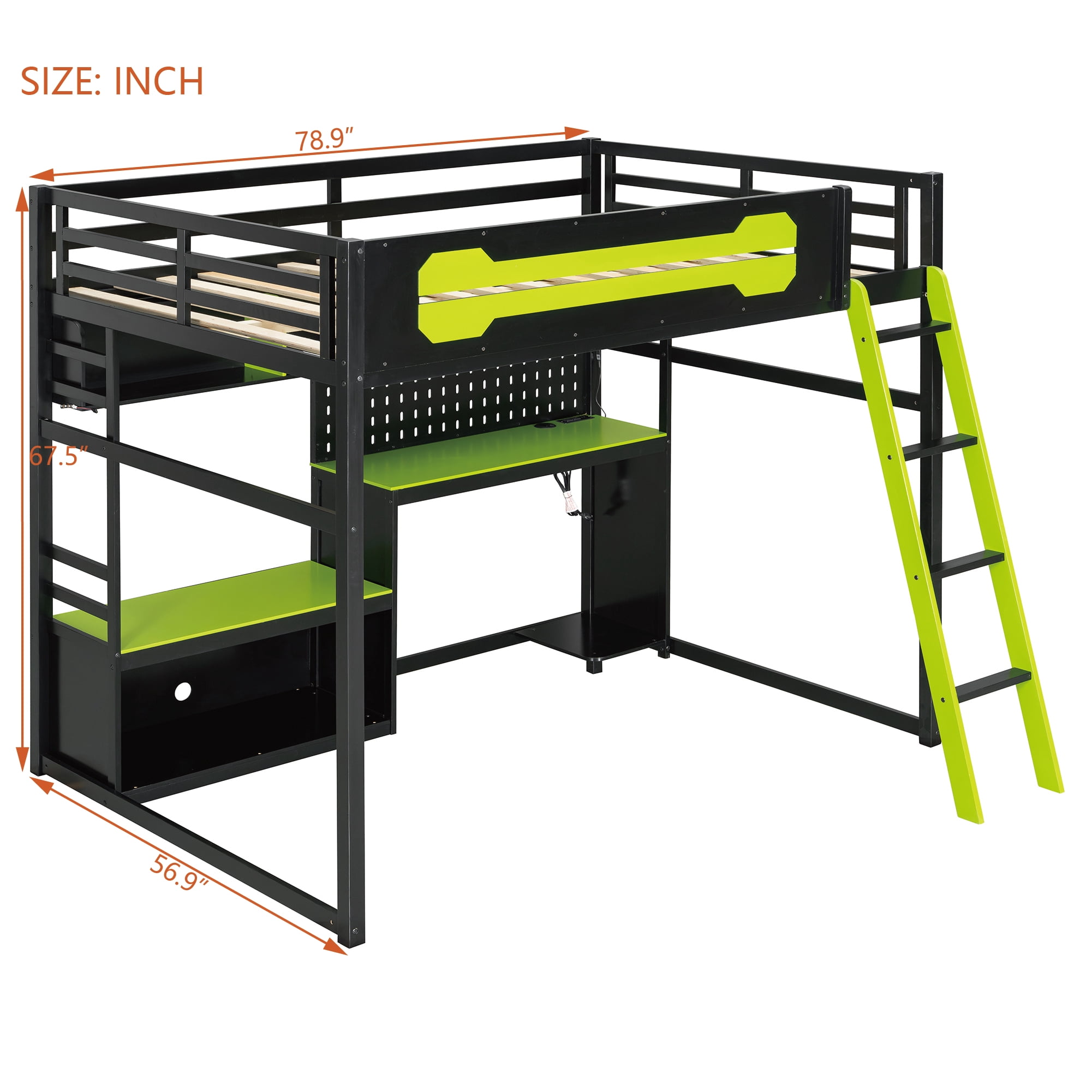 Mintazer Full Size Gaming Loft Bed with LED Lights, Charging Station, Desk, Pegboard and Storage Shelves for Boys Girls, Black & Green