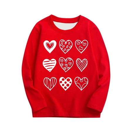 SERTG Girls Valentine Long Sleeve Top Round Neck Heart Print Spring Casual Soft Cotton Comfortable Shirt for Kids(Red#1 13-14 Years)