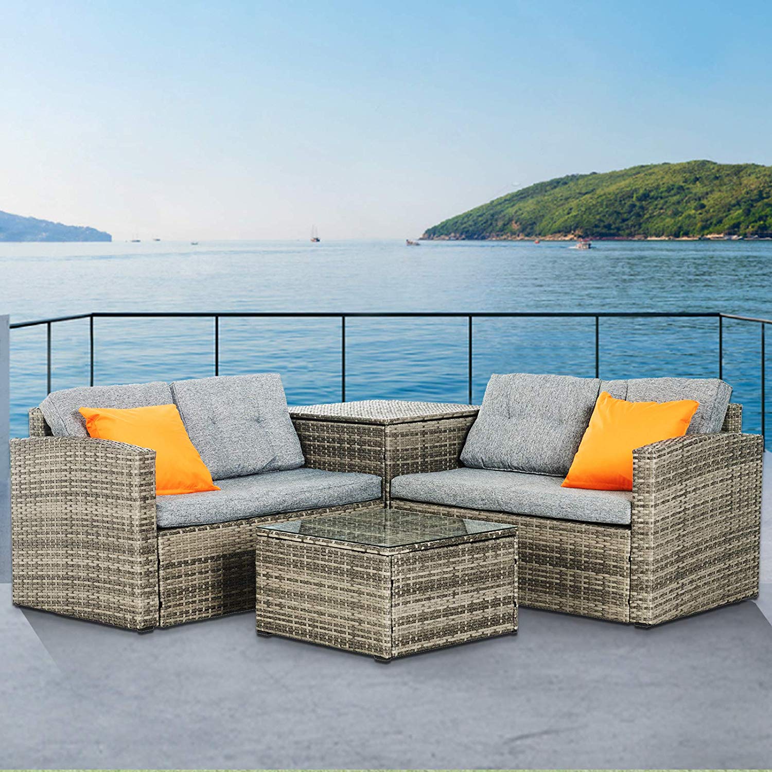 Rattan Wicker Sofa Set Storage Box Couch Cushioned Furniture Patio