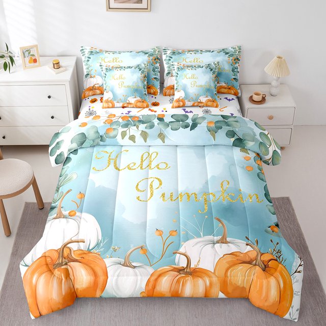 YST Ensemble de Douillette d'Automne avec Citrouilles de Récolte pour Garçons, Ensemble de Literie 7 Pcs avec Feuilles d'Eucalyptus d'Automne Format Grand pour Enfants Ados Adultes, Ensemble de Draps Rustique Style Ferme Campagnard pour l'Action de Grâce, Bleu