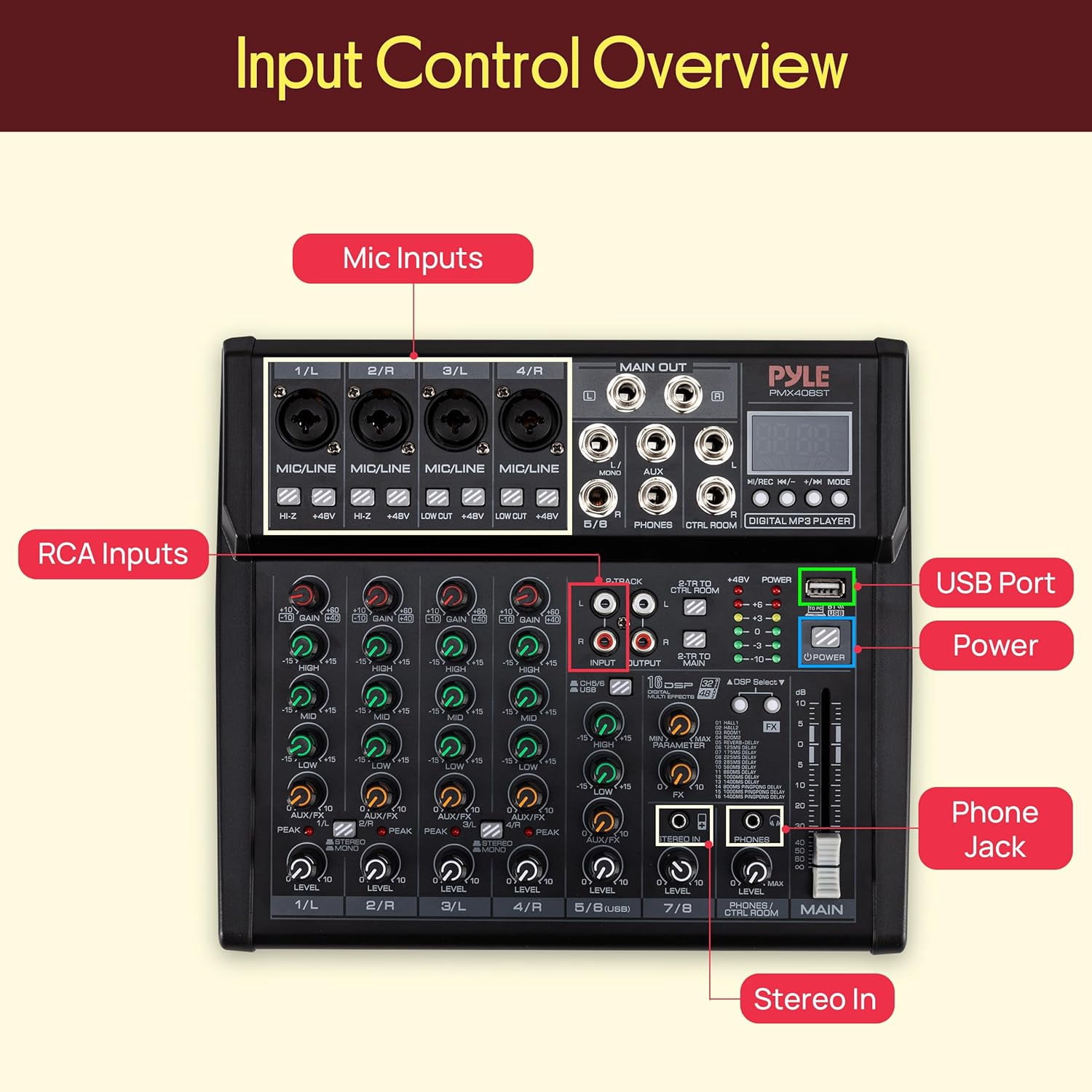 Pyle 8-Channel Audio Mixer – Bluetooth DJ & Studio Mixing Console with DSP Effects, MP3/USB Player, LED Display, Front Panel Controls for Desktop, Stage & Home Recording (Black)