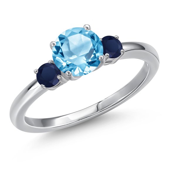 Gem Stone King 14K White Gold Swiss Blue Topaz and Blue Sapphire Engagement Ring for Women | 1.50 Cttw | Round 6.5MM | Gemstone November Birthstone | Size 7
