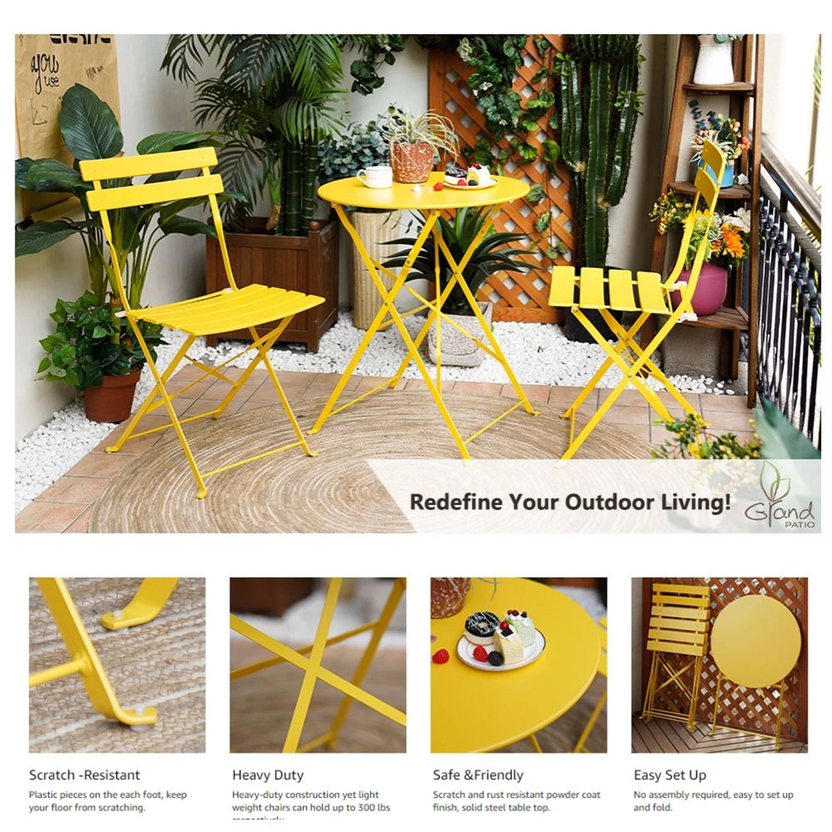 2 Person Bistro Set with 23.6" L Round Side Table & 2 Metal Chairs, 3 Pieces Retro Porch Furniture Set with Powder Coated Steel Frame for Outdoors, No Assembly Required, Yellow - image 3 of 5