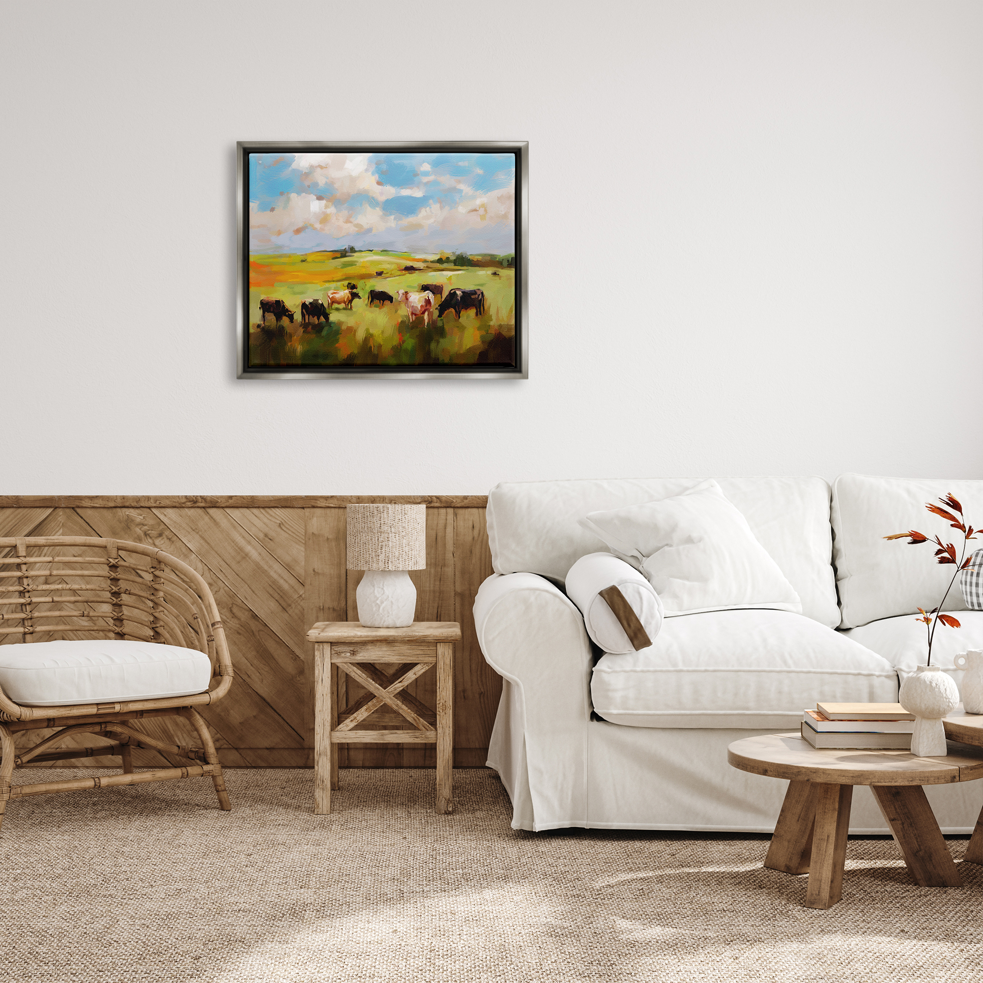 Stupell Industries Cows Grazing Painting Landscape Painting Gray Floater Framed Canvas Art Print Wall Art, 31 x 25