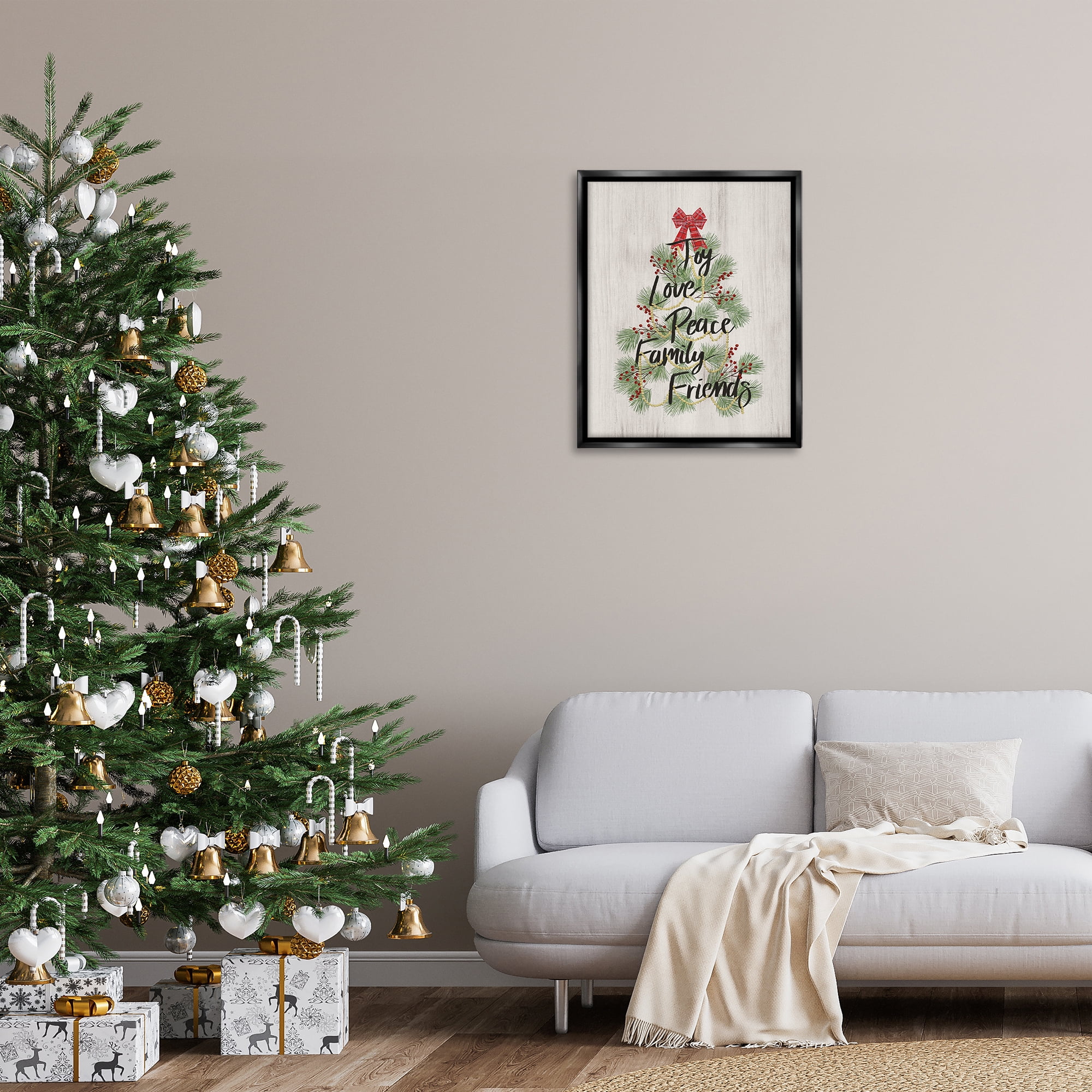 Stupell Industries Family Friends Christmas Tree Holiday Painting Black Floater Framed Canvas Art Prints Wall Art, 25 x 31