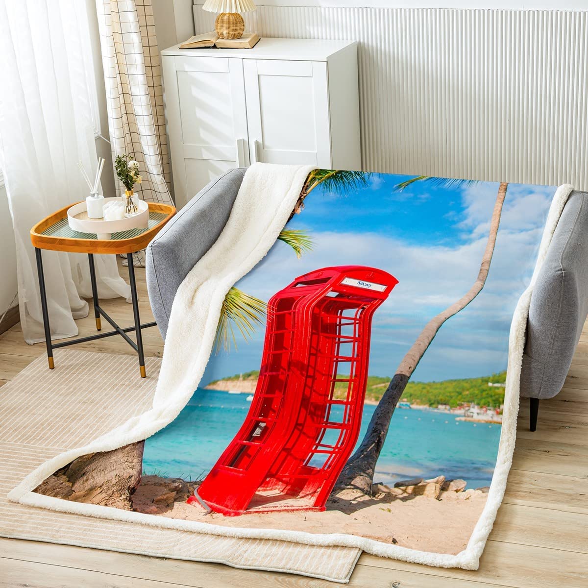 Red Telephone Booth Twin(60×80) Fleece Blankets Blue Sea Beach Fleece Blanket for Bed Sofa Couch