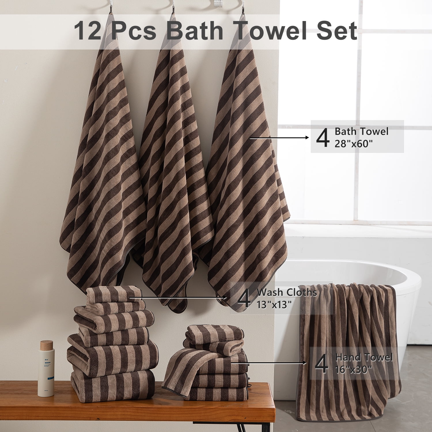 Smuge 12 Pcs Stripe Family Bath Towels Set - 4 Bath Sheet Towels, 4 Hand Towels, 4 Washcloths, Microfiber Soft Shower Towel for Bathroom Gym Spa(Dark Coffee)