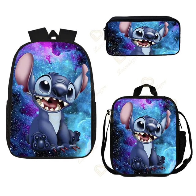 Disney-mochila de Lilo Stitch para niños y niñas, morral escolar de colores con bolsa de almuerzo, mochila de viaje para adolescentes, 3 unidades por juego