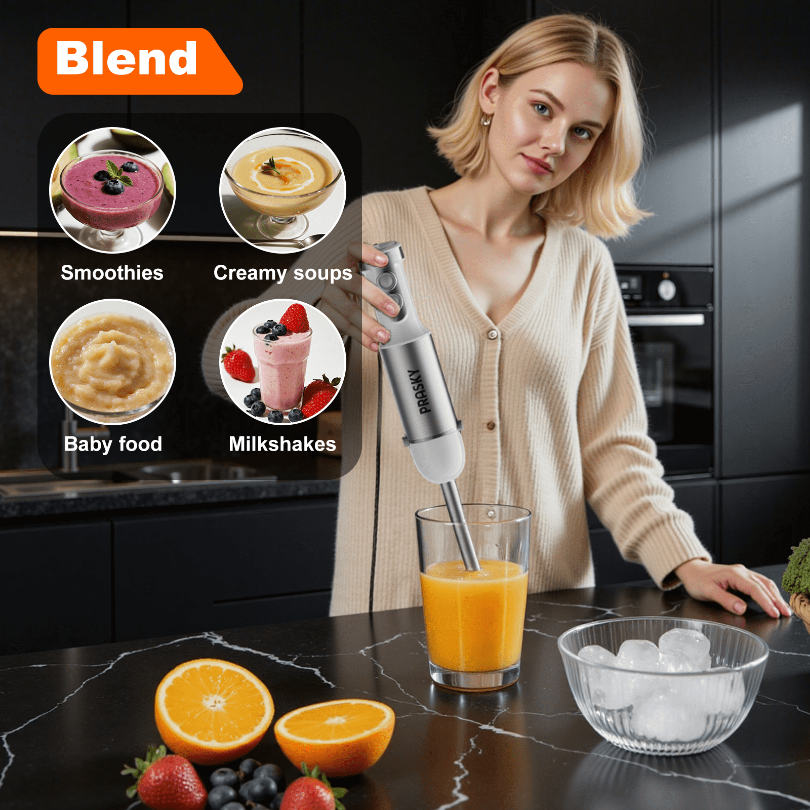 PRASKY Immersion Hand Blender, 6-in-1 Handheld Blender for Kitchen, 20 Speeds Food Processor, Egg Whisk, Milk Frother, Beaker (White)