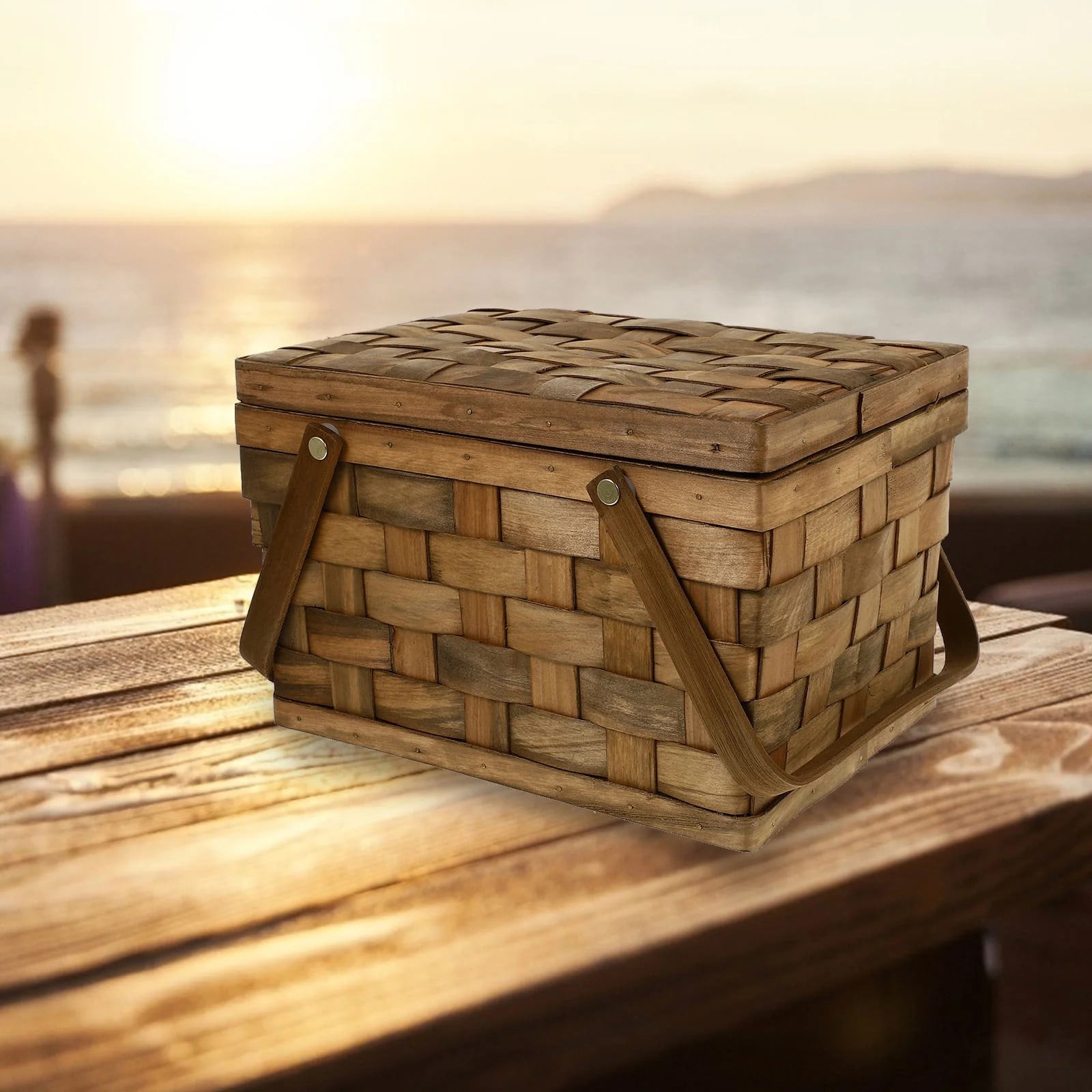 Clearance Ewgqwb Wood Chip Woven Picnic Basket With Lid For Storage Handle Basket Bread Display Basket Wedding Props Basket