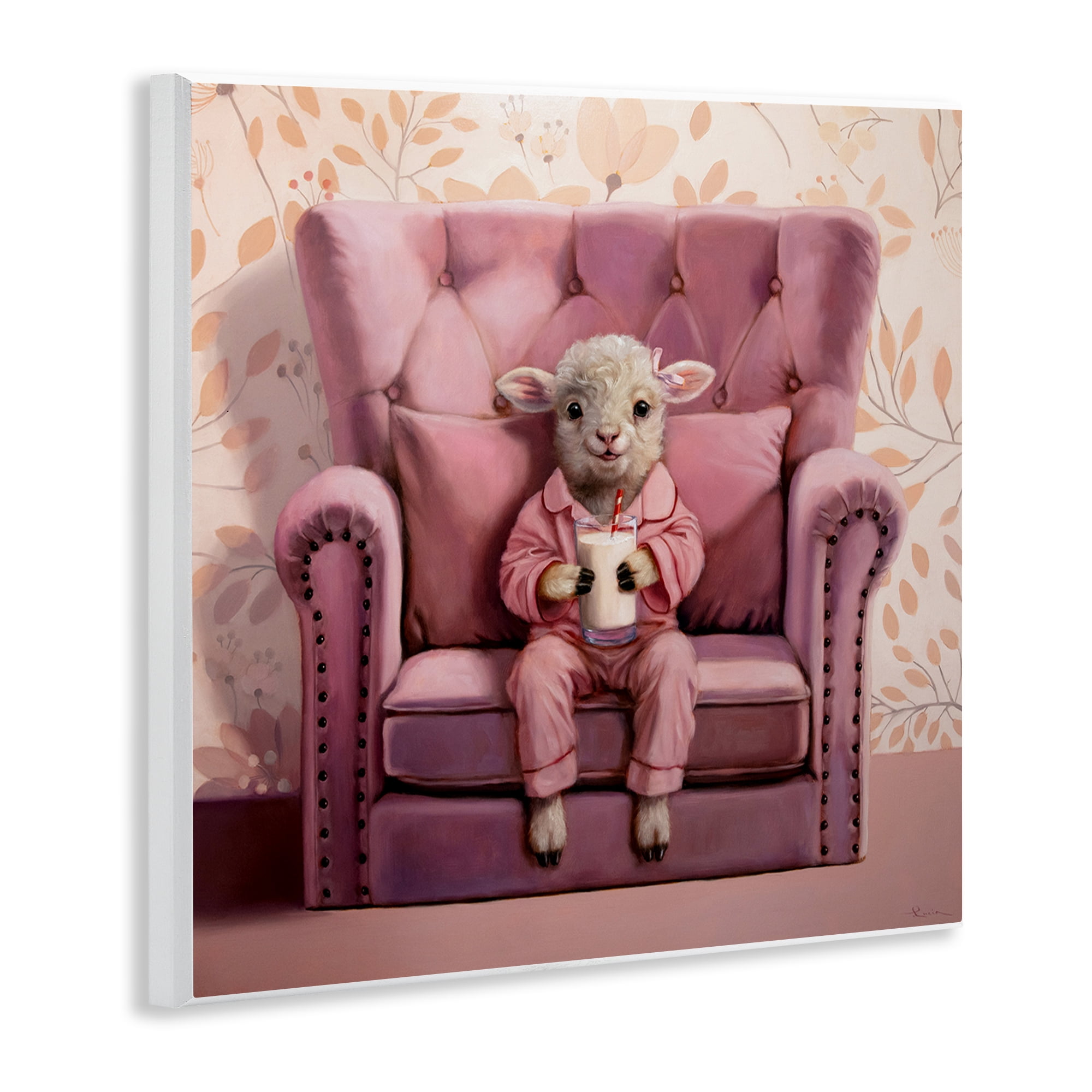 Stupell Industries Baby Cow in Pink Chair Animals & Insects Painting Unframed Art Print Wall Art, 12 x 12