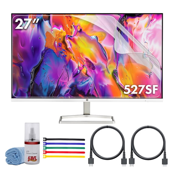 HP 527SF 27" 16:9 FHD 1080p IPS Slim Monitor Bundle Including: 3x HDMI Cable, Surge Protector, Cable Ties, Screen Cleaning Kit, Screen Protector