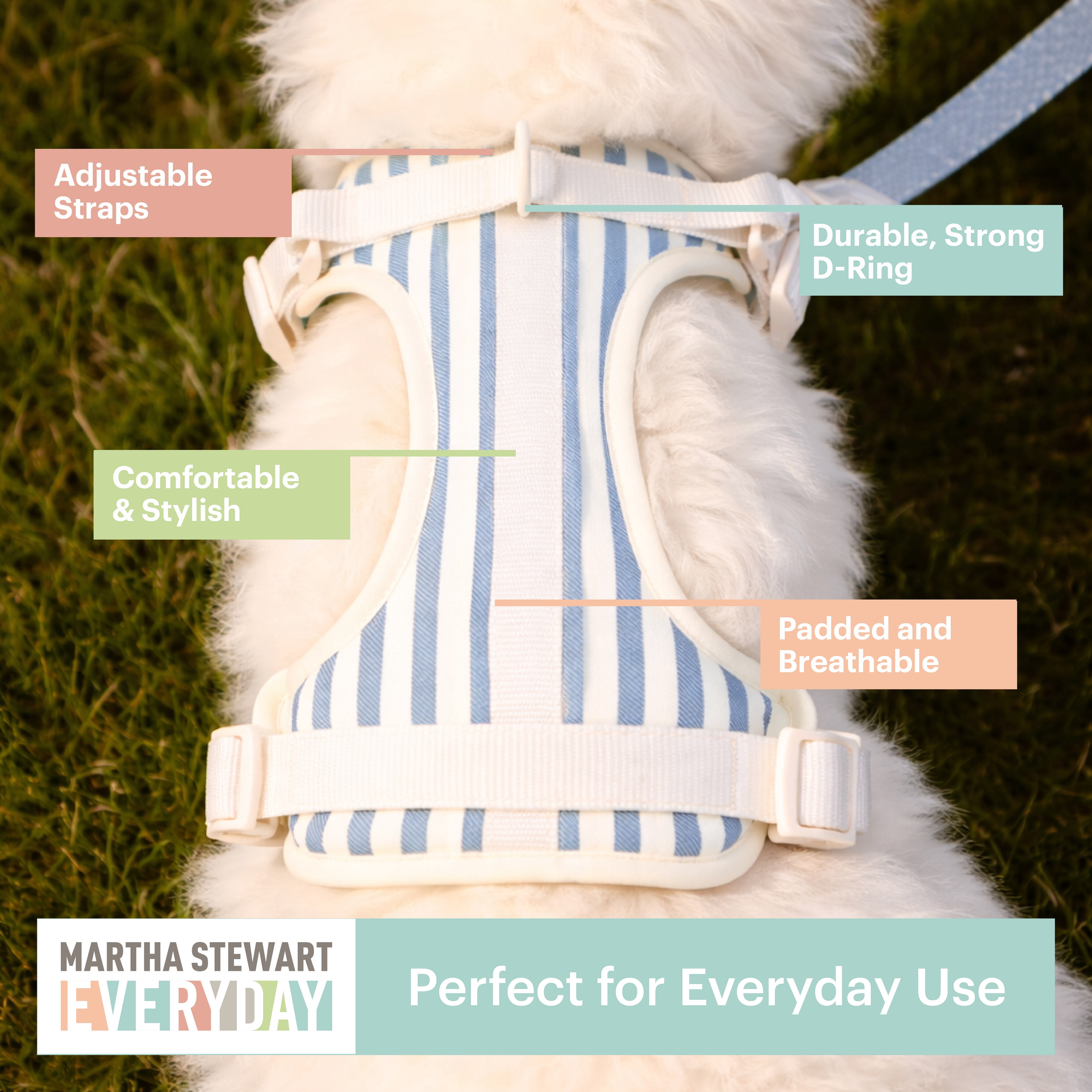 Martha Stewart Neoprene Padded Harness for Dogs - Stripe Design, Comfortable and Adjustable