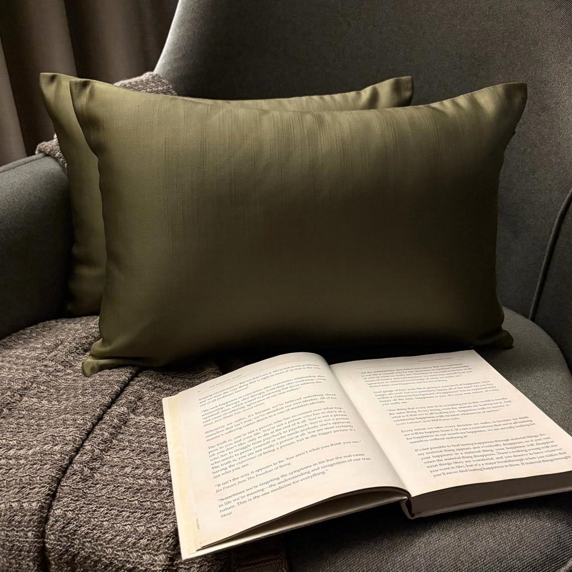 Olive Green Luxury Lumbar Pillow Cover 12"x16" | Pack of 2 Modern Satin Oblong Pillow Cover Solid | Plain Solid Pillowcases for Bed, Couch & Sofa, Modern Home Décor - Dark Green Olive Slub Satin