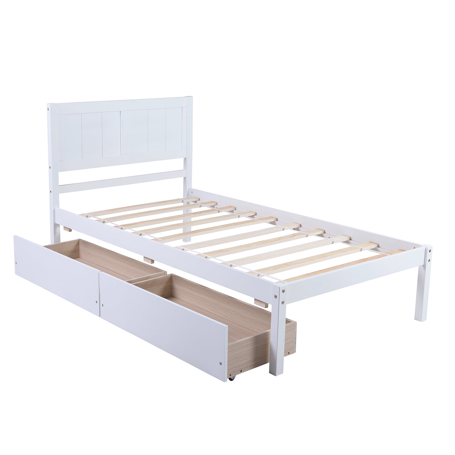 Kepooman Twin Size Solid Wood Platform Bed Frame with 2 Drawers & Headboard for Bedroom, 79.5"L x 41.7"W x 40.6"H, White Kepooman Twin Size Solid Wood Platform Bed Frame with 2 Drawers & Headboard for Bedroom, 79.5"L x 41.7"W x 40.6"H, White