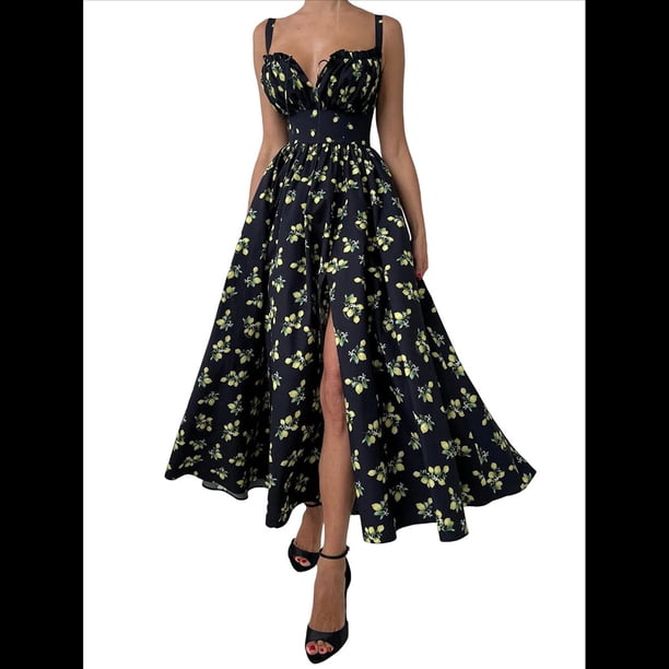 Vestidos de Verano para Mujer 2025, Vestido con Corsé Floral y Cuello de Lechera. Negro L