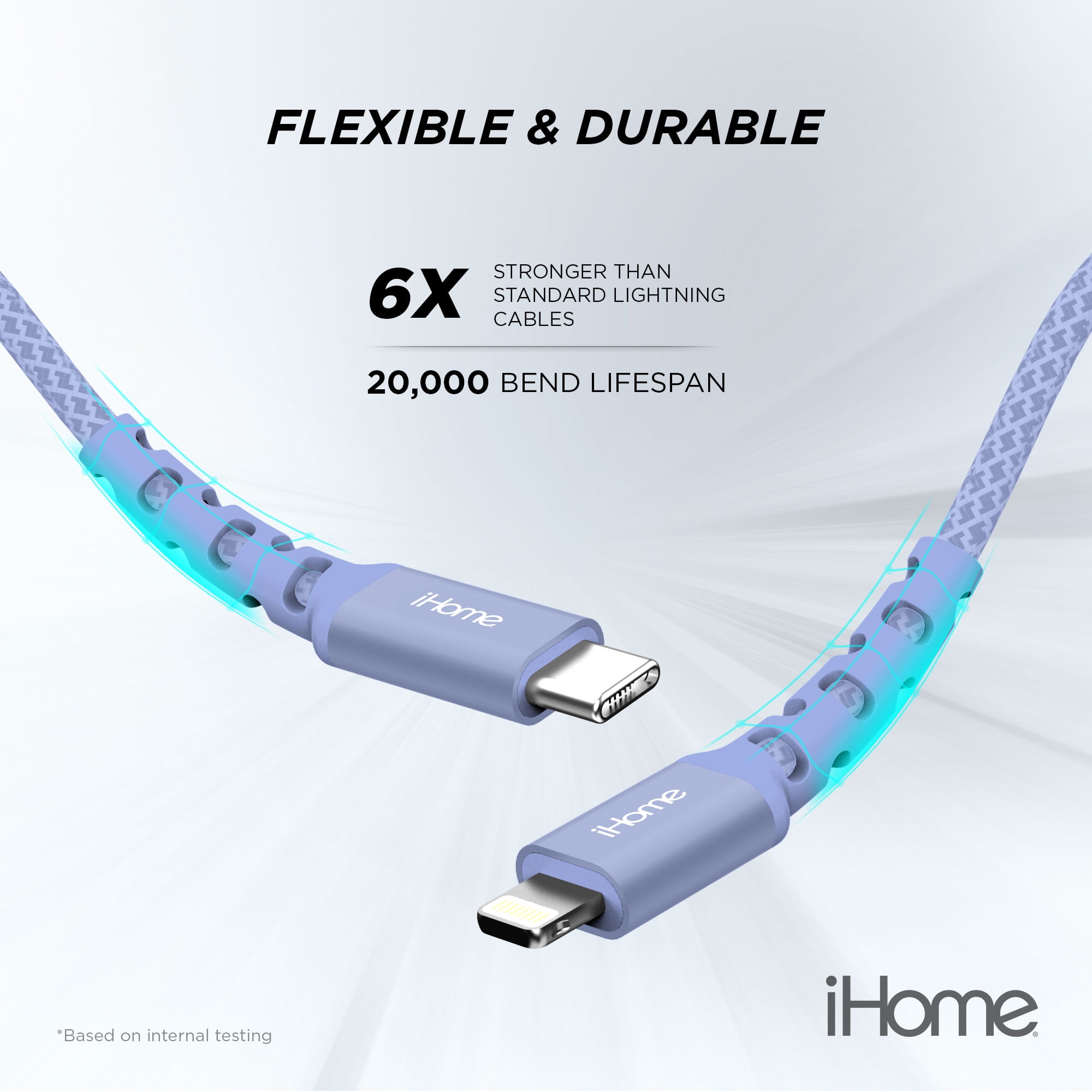 iHome Nylon Braided Lightning to USB-C Cable, Lavender, 6'